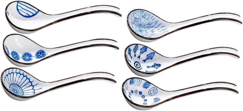 6pcs Blue White Ceramic Soup Spoon Chinese Style Soup Ladle Spoon Rice Porcelain Dinner Asian
