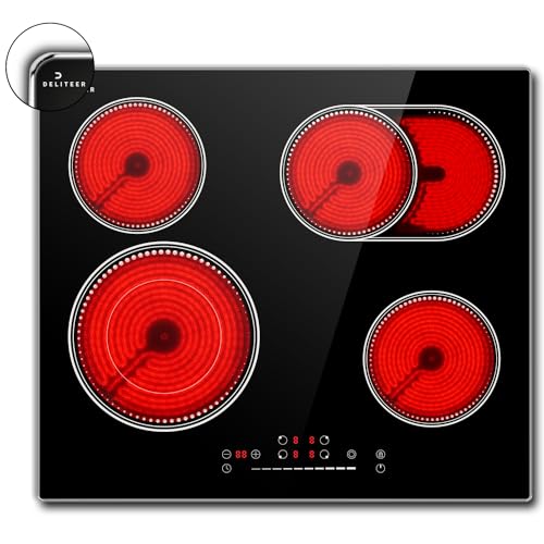 DELITEER Placa vitrocerámica 4 fuegos, 60cm, 6600W, Estructura de acero inoxidable, Placa de cocción integrada y autónoma, Mandos táctiles, Zona flexible ovalada, Sin enchufes