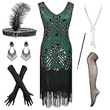 Women's 1920S Sequin Beaded Gatsby Flapper Dress with Accessories Set (Large, Style04-Green)
