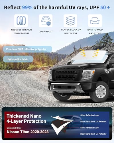 for Nissan Titan Windshield Sun Shade Sunshade Custom Fit Titan Accessories 2020-2023 2024 2025 Windshield Cover, 4-Layer Car Front Window Sun Visor 240T Shield Foldable Protector Blocks UV Rays