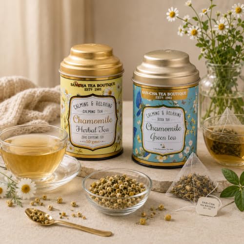 Image of Sancha Tea Boutique, Tea Combo Pack: Chamomile Herbal (50g) & Chamomile Green (25 Pyramid Bags), Calming & Relaxing Teas