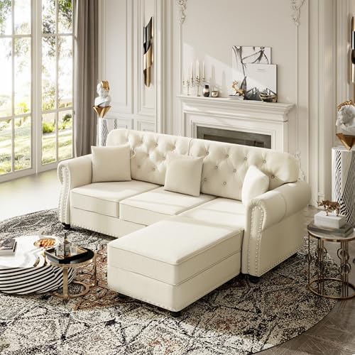 Image of KEIKI 83 inch Velvet Chesterfield Sofa with Rolled Arms & Nailhead Trim & 1 Ottoman, Modern 3-Seater Button Tufted Couch with High Resilience Cushion & 3 Pillow, Easy Assembly, for Living Room, White