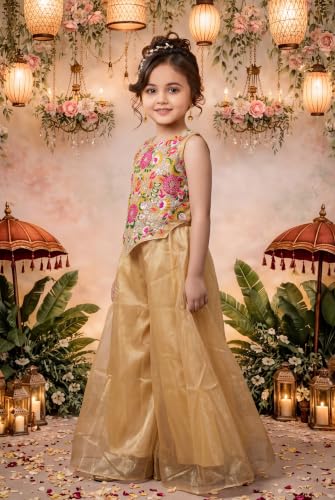 Image of Girls Art Silk Embroidered Kurta & Sharara Set | Festive & Wedding Traditional Outfit | Ethnic Wear for Kids | Stylish Sharara Suit Set