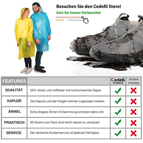 Foto von Cedelli® Regenponcho Einweg |5er Set| Regencape mit EXTRA Langen Ärmeln & Kapuze | Wiederverwendbare Damen & Herren Regenmantel für stürmisches Wetter!