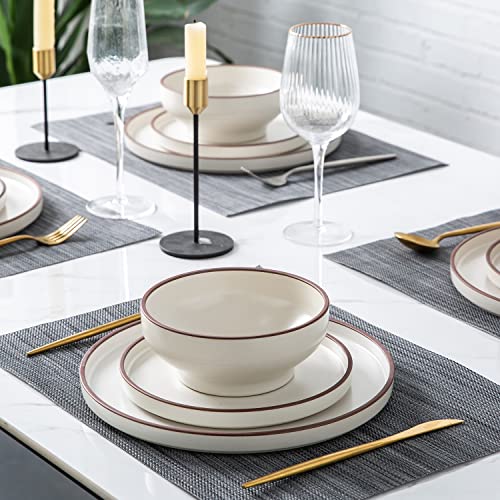 Leratio Ceramic Dinnerware Set, Service For 6 (18Pcs),Ceramic Plates And Bowls Set,Highly Chip And Crack Resistant| Oven Dishwasher & Microwave Safe,Resistant-White&Brown Style #TOP5