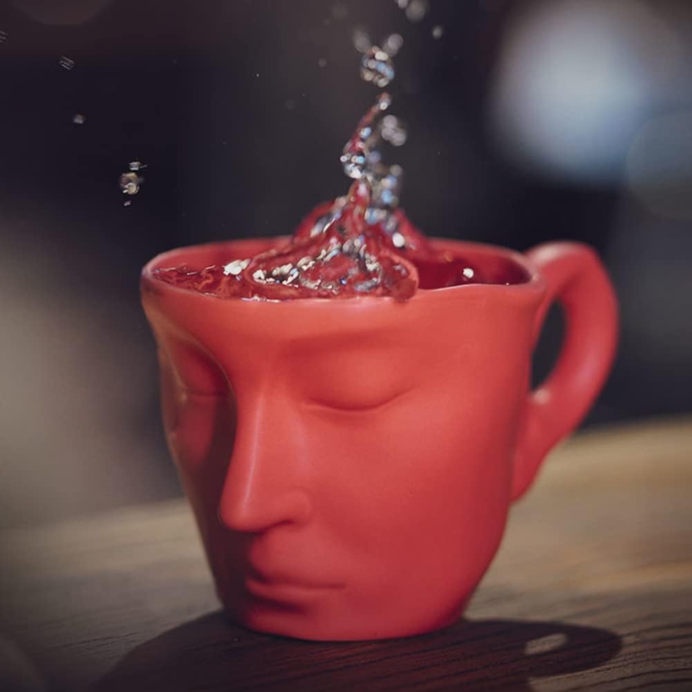 Creative Face Mug Set,Espresso Coffee Cups,Ceramic Cappuccino Latte Cup and Saucer,Fun Tea Cups and Saucers Set,Microwave and Dishwasher Safe,Red