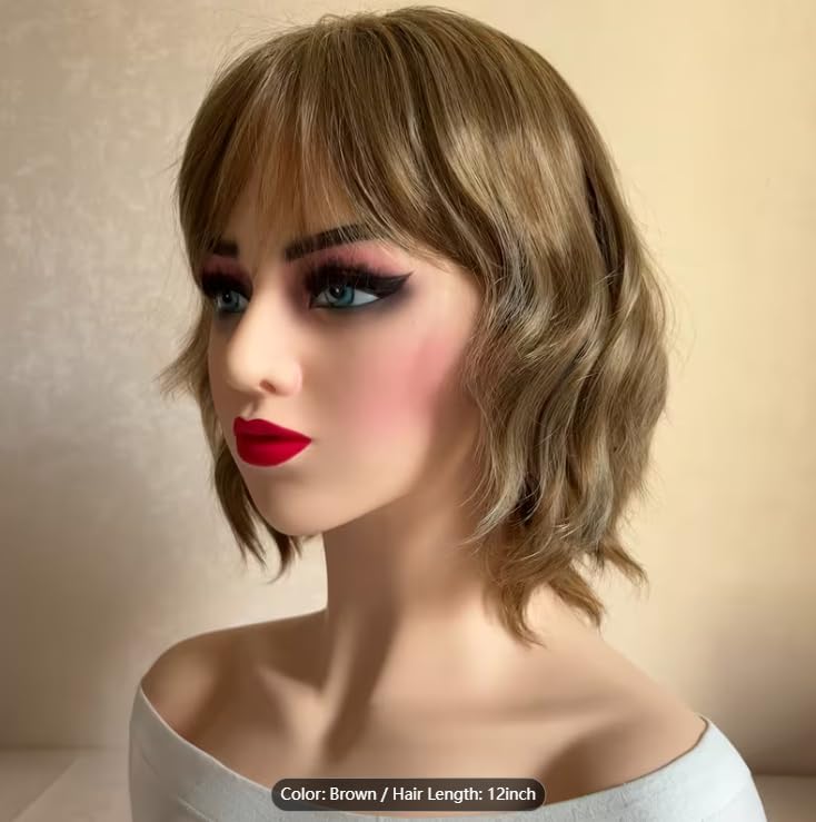 Image of Brown Heat-Resistant Wavy Wig with Bangs Women's Shoulder-Length Synthetic Hairpiece for Daily Use and Halloween (Brown)