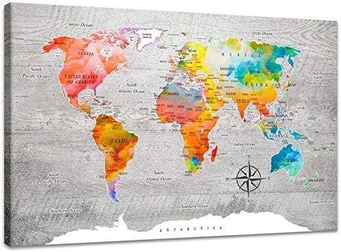 Inzlove Large Size World Map Wall Art Canvas Print Paintings Contemporary Abstract Watercolor Artwork Pictures for Bedroom Home Decor