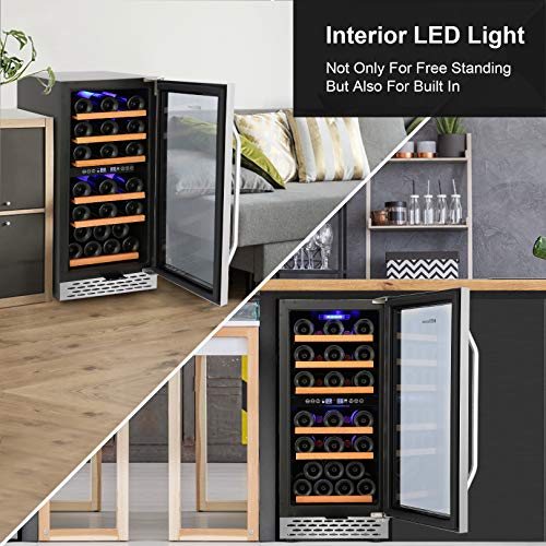 Nictemaw 15 Inch Dual Zone Wine Cooler, 32 Bottle Built-in or Freestanding Wine Refrigerator with Stainless Steel&Double-Layer Tempered Glass Door, Electronic One-Touch Control with Temperature Memory&LED Display Wine Fridge