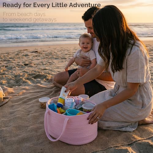 Image of luxury little Diaper Caddy Organizer, Large Cotton Rope Nursery Baby Basket, Changing Table Organizer for Baby Diaper Storage, Portable Car Organizer Removable Divider (Light Pink, Large)