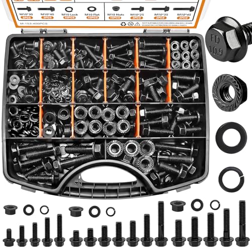 mankk - mankk 400PCS Metric Grade 10.9 Flange Bolts and Nuts Assortment Kit M6x1.0, M8x1.25, M10x1.5 (12mm to 45mm) Black Alloy Steel Class Hex Bolts and Nuts Washers Kit for Automotive