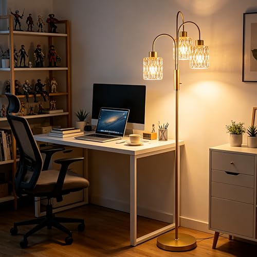 Image of 70 inch Glass Floor Lamp, 3-Light Gold Dimmable Standing Tall Lamp with Amber Ribbed Glass Shades &3PCS 3000K Warm White Bulbs, Modern Tree Pole Lamp for Living Room Bedroom Home Decor