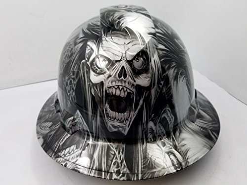 Wet Works Imaging Customized Pyramex Full Brim Black n Silver Cyborg Skull Hard HAT with Ratcheting Suspension Custom LIDS Crazy Sick Construction PPE