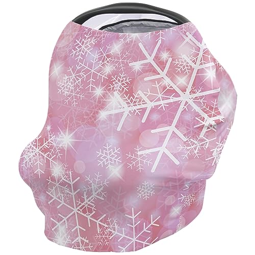 Nursing Cover for Breastfeeding Scarf, Merry Christmas Pink Snowflake Baby Car Covers Super Soft Multi Use for Canopy Shopping Cart Cover Blanket Stroller Cover