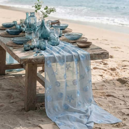 Tudomro Embroidery Sea Shell Starfish Beach Table Runner 9.2 ft Coastal Ocean Light Blue Cheesecloth Table Runner 110 Inch Gauze Boho Dining Decor for Wedding Birthday Baby Shower Summer Home Decor by Tudomro - Used condition - Image 6