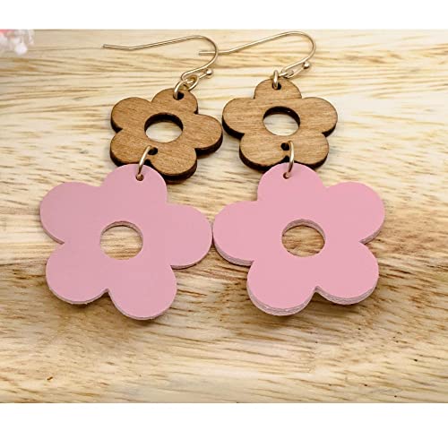 Wood Leather Daisy Dangle Earrings 2’’. Fashion Lightweight Earrings4