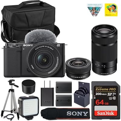 Sony ZV-E10 Mirrorless Camera (White) with Sony E PZ 16-50mm f/3.5-5.6 & E 55-210mm f/4.5-6.3 OSS Lens | 24.2MP APS-C Sensor, 4K Video & Flip Screen + Spare Extra Battery + 64GB Card + Camera Case