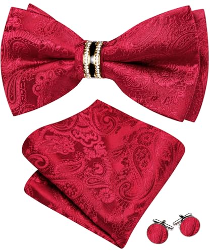 Image of YOHOWA Mens Bow Tie Set Paisley Pre-tied Bowties Adjustable with Handkerchief Cufflinks Gold Ring Set Wedding Prom Party
