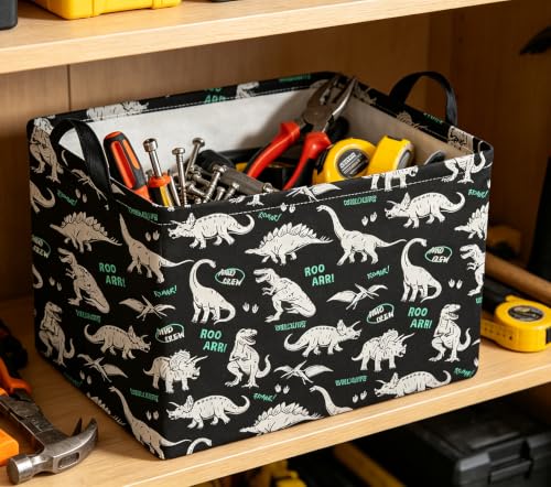 Image of Rectangle Storage Basket with Handles,Collapsible Storage Bin,Books Box,Gift Basket(Green Word Dinosaur)