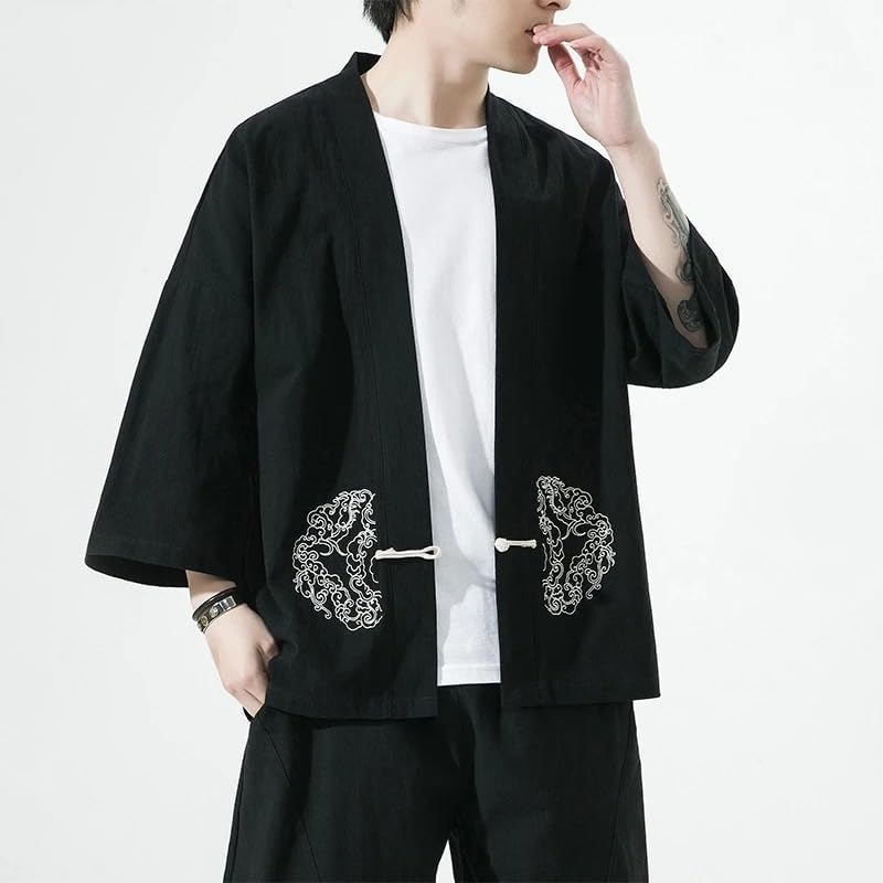 Embroidery Men Cotton Cardigan Blouse Asian Clothes Harajuku Japanese Kimono