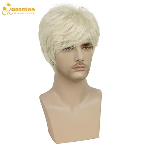 Miniatura 3 de QUEENTAS Peluca corta rubia para hombre, pelucas de disfraz de vaquero natural para hombres, peluca de pelo sintético corto