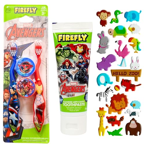 Firefly Marvel Avengers - Spazzolino da denti per bambini con tappi da viaggio, dentifricio al gusto gomma da masticare da 75 ml e foglio adesivo 3D Puffy