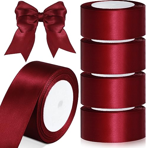 Zeyune Burgundy Satin Ribbon 4 Rolls 2 Inch x 24 Yard Double Face Fabric Satin Ribbon for Valentines Day Gift Wrapping Bows Bouquet DIY Craft Wedding Invitation Bridal Bouquet Party Decoration
