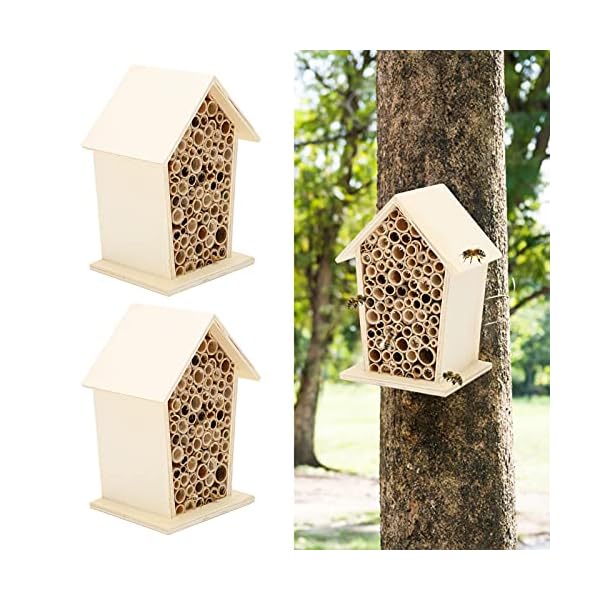 2 Stück Holz Bienenhaus, Natürliche Handgefertigte Bee Box Nests Hotel für Gartendekoration im Freien – Bild 4