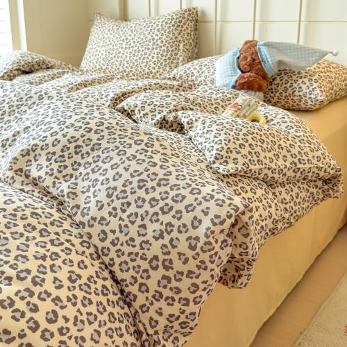 Image of VM VOUGEMARKET Leopard Duvet Cover Set Queen,Cream Grey,Muslin Cotton