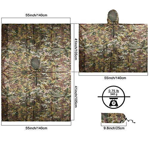 Fousam Camo Poncho, Waterproof Ripstop Hooded Raincoat Lightweight Packable Rain Cover for Hunting Camping Backpacking Emergency Tent Shelter Cp Woodland
