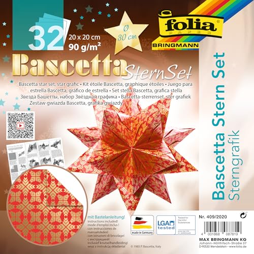 folia 409/2020, Craft Set Bascetta Star Graphic Red/Gold, 32 Sheets, 20 x 20 cm, Finished Size of Paper Star Approx. 30 cm - Image 4