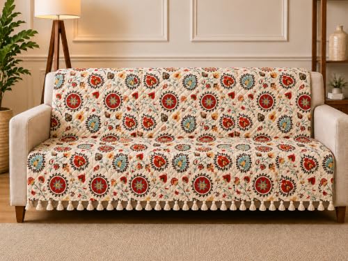 Image of Velvet Quilted Sofa Cover for 2 Seater (48 x 60 Inches) | Red Floral | Anti-Slip Soft Washable Sofa Seat Cover | Furniture Protector with Tassels