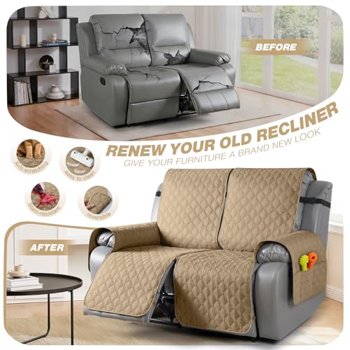 Image of TAOCOCO 100% Waterproof Recliner Covers, Recliner Sofa Covers with Leg Straps, Reversible Recliner Couch Cover for Reclining Chair, Washable Couch Protector for Pets Kids(2 Seater, Camel)