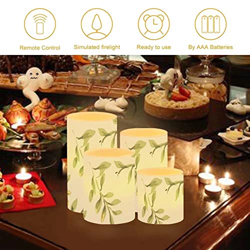 Image of Green Leaves Flameless Candles Battery Operated Candles Set of 4 with 18-Key Remote Control Timer Dancing Flame Pillar Candles for Home Beach Hotel