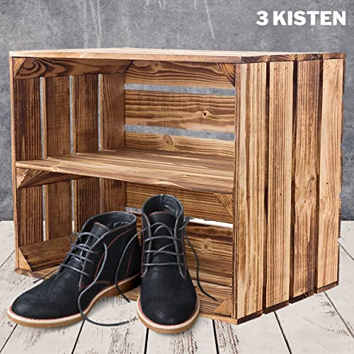 Vinterior 3er Set flambierte/geflammte Massive Obstkisten als Regal mit Zwischenbrett/Mittelbrett Einlage 50cm x 40cm x 30cm (LxBxH) / Apfelkisten Weinkisten Holzkiste Cover