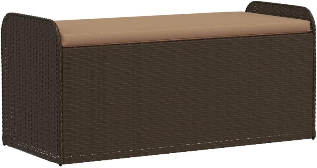 vidaXL Outdoor Garden Furniture-Brown Poly Rattan Storage Bench with Cushion, Weather-, Comfortable Seating for Patio/Garden