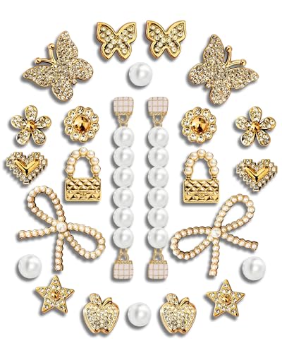 SIICCOMTT Bling Shoes Charms Set 24pcs - Luxury Sweet Aesthetic (Butterfly, Pearl & Heart Elements) for Fashion Footwear Decoration
