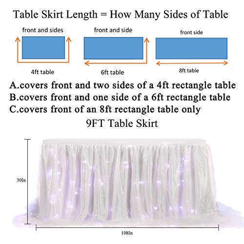 White Tulle Table Skirt Ruffle Table Cloth With Led String Lights For Rectangle Or Round Table, Christmas, Wedding, Birthday, Baby Shower, Party Supplies, 9 X 2.5 Ft #TOP6