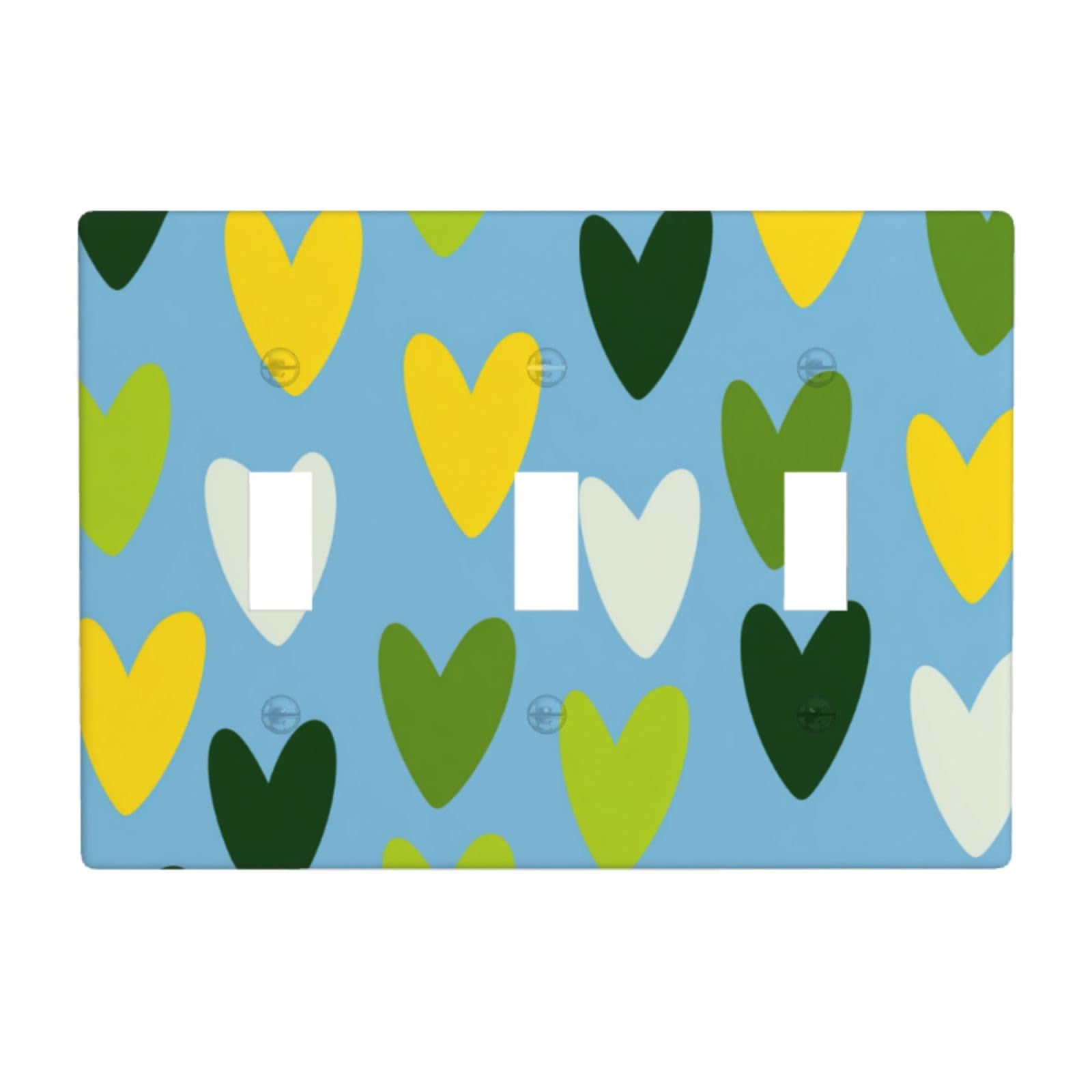 Green Yellow Hearts On Blue Minimalistic Light Switch Covers 3 Gang Triple Toggle Wall Plate Switchplate Electrical Faceplate for Bathroom Kitchen Bedroom Decor