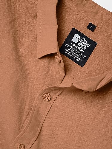 Image of The Souled Store Cotton Linen: Coral Peach Men and Boys Collared Neck Long Sleeves Cotton Solid Regular Fit Everyday Office Wear Trendy Comfortable Summer Ready Cotton Linen Shirts