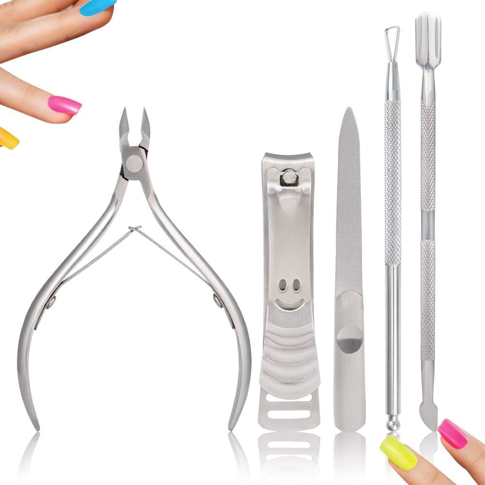 【UPGRADED VERSION】JIARON 5PCS Cuticle Trimmer Set contains Cuticle Pusher Nail clipper, Professional Grade Stainless Steel Cuticle Nippers, Premium Sharp Blade Cuticle Cutter Pedicure Tool