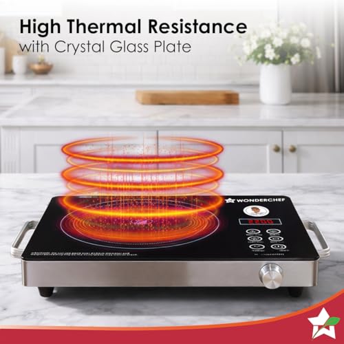 Image of Wonderchef Evita Infrared Electric Cooktop with Crystal Glass Surface, 2200W, Led Display, Compatible with Steel,Ceramic,Cast-iron,Aluminium Cookware, Auto Cut-off, 2-Yr Warranty