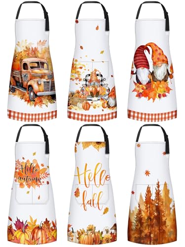 Bencailor 6 Pcs Fall Thanksgiving Aprons with Pockets Waterproof Autumn Kitchen Aprons Baking Cooking gifts for Women(Bright Color,Maple Pumpkin Gnome)