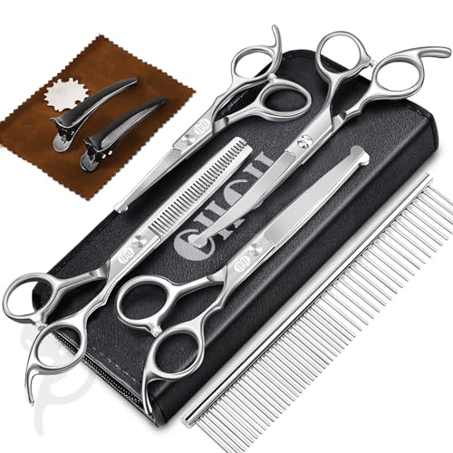 CIICII Tijeras Peluqueria Canina, 10 en 1 Tijeras para Perros de Acero Inoxidable con Punta Redonda de Seguridad (Tijeras para Adelgazar, Tijera Curvas y Rectas) para Peluquería Doméstica (Plata)