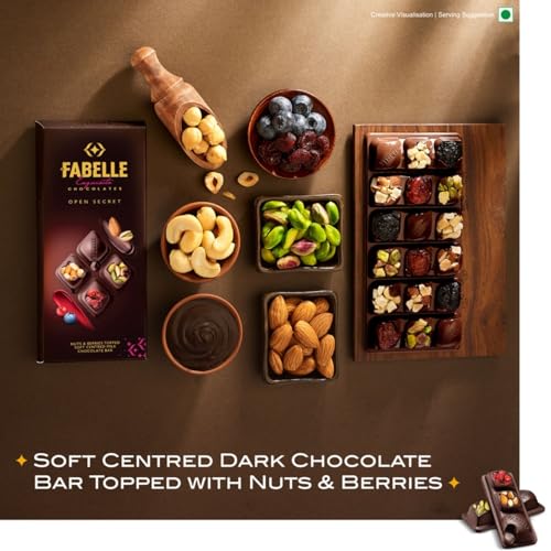 Image of Fabelle Open Secret - Milk, Centre- Filled Luxury Chocolate Bar Topped with Visible Nuts & Berries, 121g (Pack of 3)