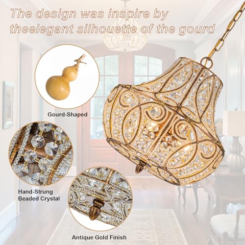 Image of 4-Light Antique Gold Gourd Beaded Chandelier, 13 inch Vintage Crystal Pendant Lighting Fixture for Dining Room, Living Room, Kitchen Island, Bedroom