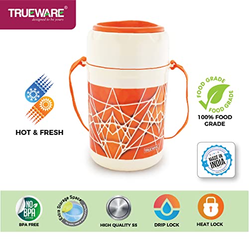 Image of Trueware Trendy 4 Inner Steel Outer Plastic thermoware Lunch Box | 4 Container 300 ML Each-Orange | PU Insulated | Lunch Box | Tiffin | Hot lunch box | Leak Proof | Easy to Carry | Hot & Cold Food Grade| BPA Free | Stainless Steel Dabbi | Office | Outdoors | For Men, Women, and Kids