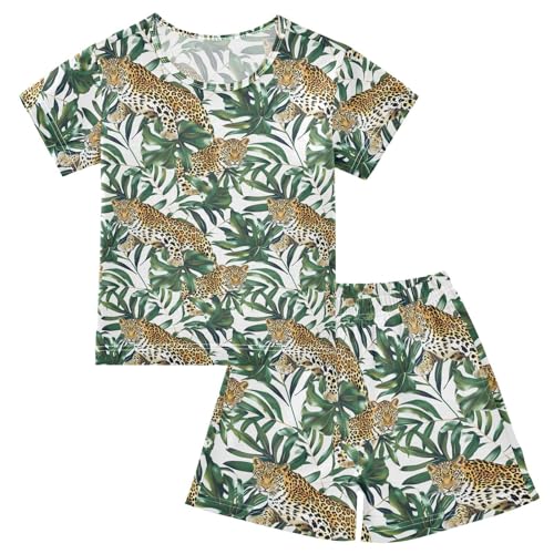 ALAZA Leopard Green Leaves Pajamas Short Sleeve 2 Piece Sleepwear Top and Bottom Pajama Set Unisex