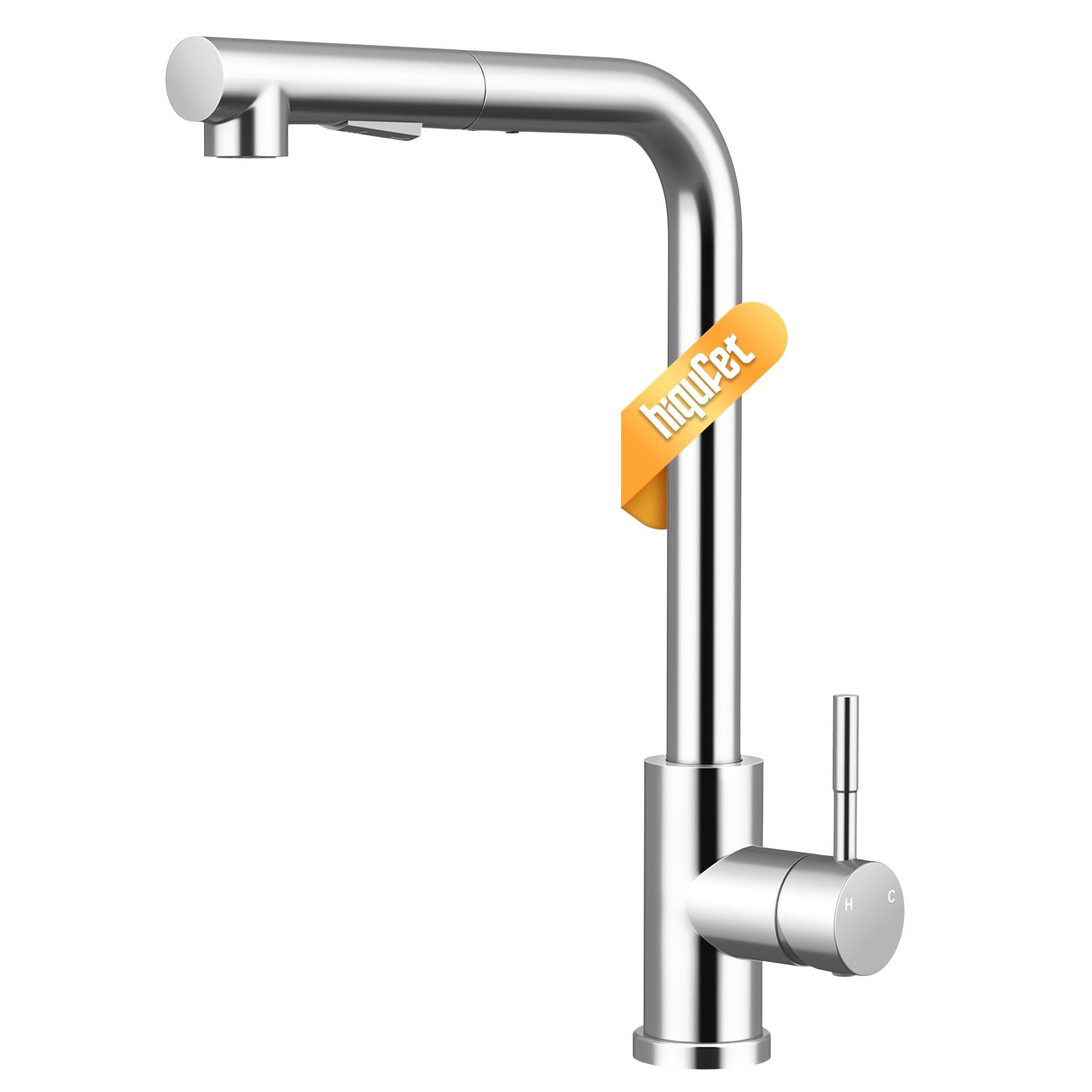 Hiqufet Grifo de Cocina con Arco Alto y Brazo Extraíble, 2 Modos de Pulverización Giratorio 360°, Cromo Pulido