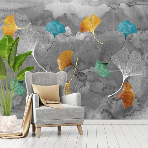 WEITAOSM Mural de pared con fondo gris de hoja de ginkgo tridimensional 3D pintado a mano moderno para sala de estar, TV, sofá, dormitorio, decoración del hogar